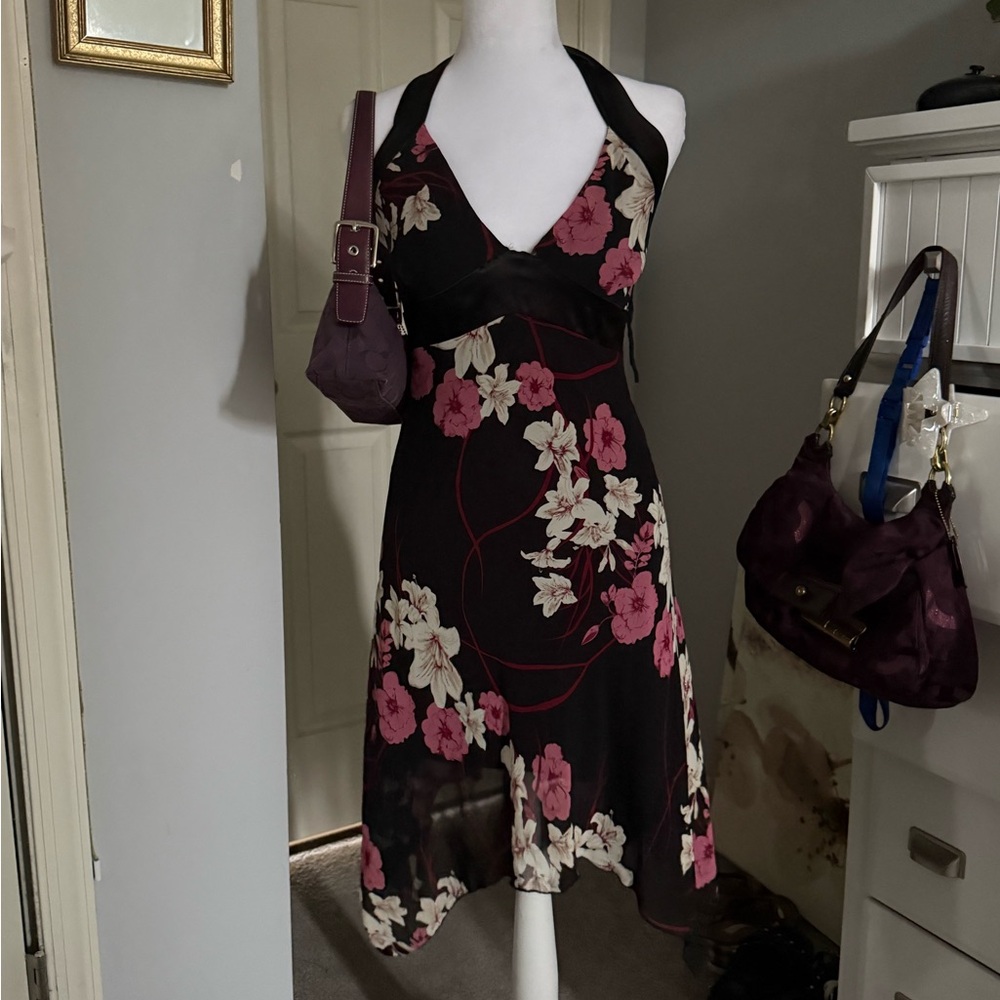 Charlotte Russe Black Fairy Asymmetrical Midi Dress with Pink and Cream Flowers